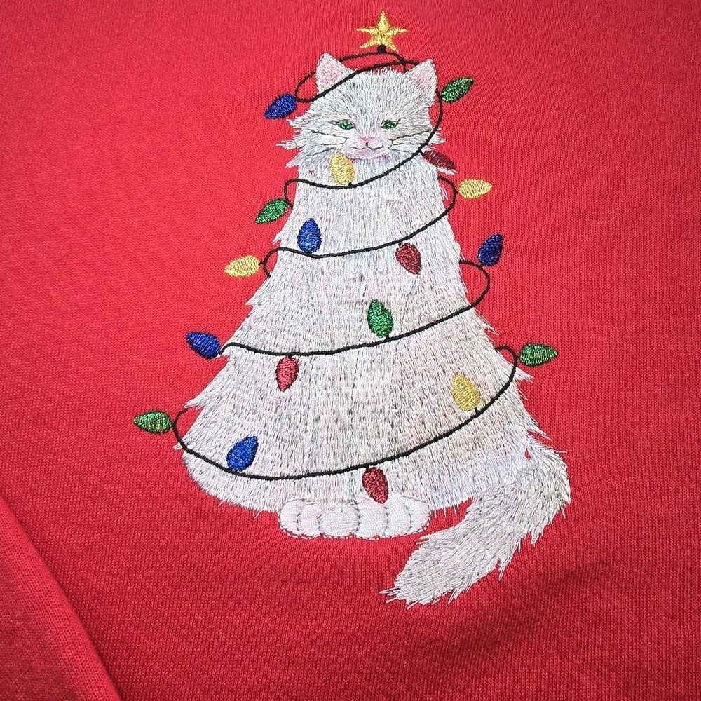 Ugly Christmas Sweatshirt Vtg 90s Red Cat Lover Xmas‎ Tree Lights Kitschy XXL